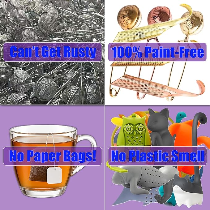 304 Food-grade Stainless Steel Tea Infusers for Loose Leaf Tea and Herbs - Reusable Fine Mesh Metal Long-Handled Tea Strainers with Hanging Hook, Brush and Drip Tray for Single Cup Brewing