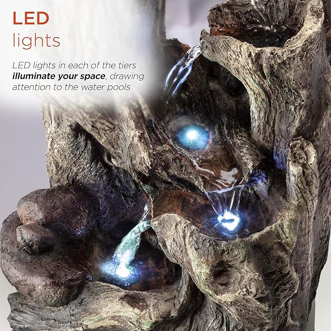 Alpine Corporation WIN786S Indoor 5 Tiered Rainforest Tree Trunk Tabletop Waterfall Fountain with LED Lights, 14" Tall, Brown - Bloomnest