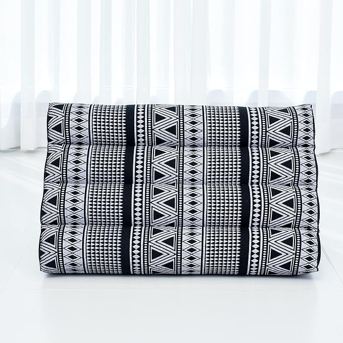 Leewadee Thai Triangle Cushion – Comfortable Backrest for TV or Reading, Wedge Pillow - Eco-Friendly Natural Kapok Filling, 20 x 13 x 13 inches, Black White - Bloomnest