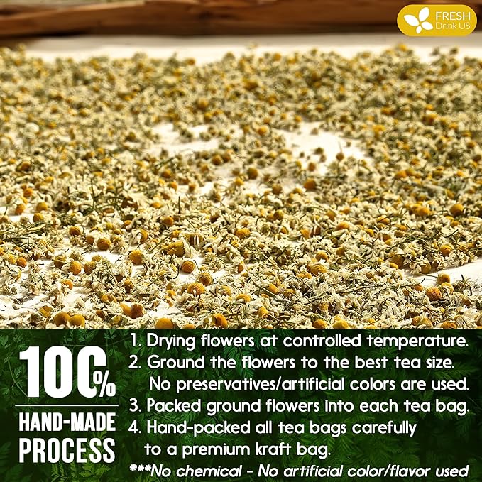 FRESHDRINKUS, Premium 25 Chamomile Tea Bags, 100% Natural and Pure Chamomile Flowers, Eco-conscious Tea Bags. Chamomile Flower Herbal Tea. No Sugar, No Caffeine, No Gluten, Vegan. - Bloomnest