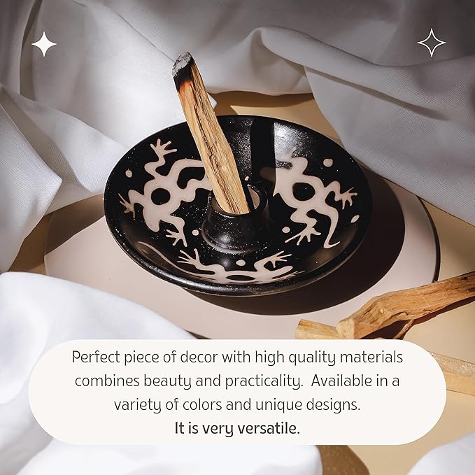 Palo Santo Holder with 5 Sticks - Luna Sundara Handmade Ceramic Incense Burner - Black & White Lizard Chulucanas Pottery from Peru - Smudge Bowl for Sage - Aromatherapy Gift Set LunaSundara