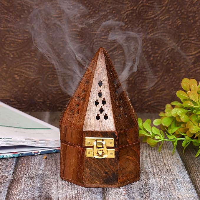 Bless-International Traditional-Handmade-Burner Wooden-Incense-Stick-Holder Ash-Catcher-Stand for-Aromatherapy-Meditation-Yoga (5 Inch Octa Temple Wooden Charcoal/Cone) - Bloomnest