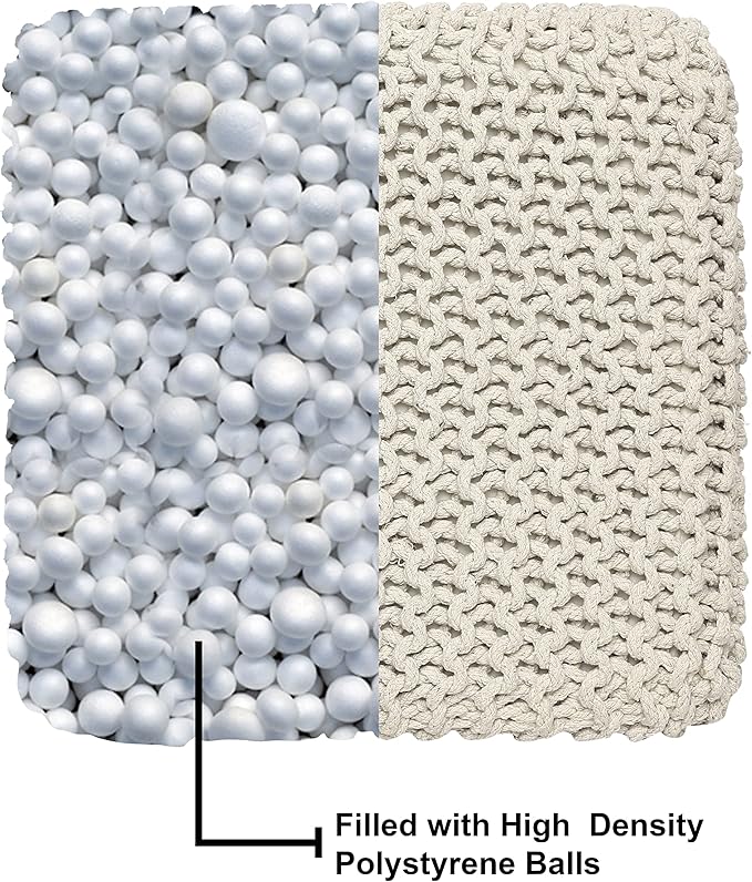 REDEARTH Square Pouf Ottoman Foot Stool - Hand Knitted Bean Bag - Cord Boho Pouffe - Accent Poof for Living Room - Nursery - Bedroom - Kids Bedroom - Patio - 100% Cotton (16" x 16" x 16") - Ivory - Bloomnest