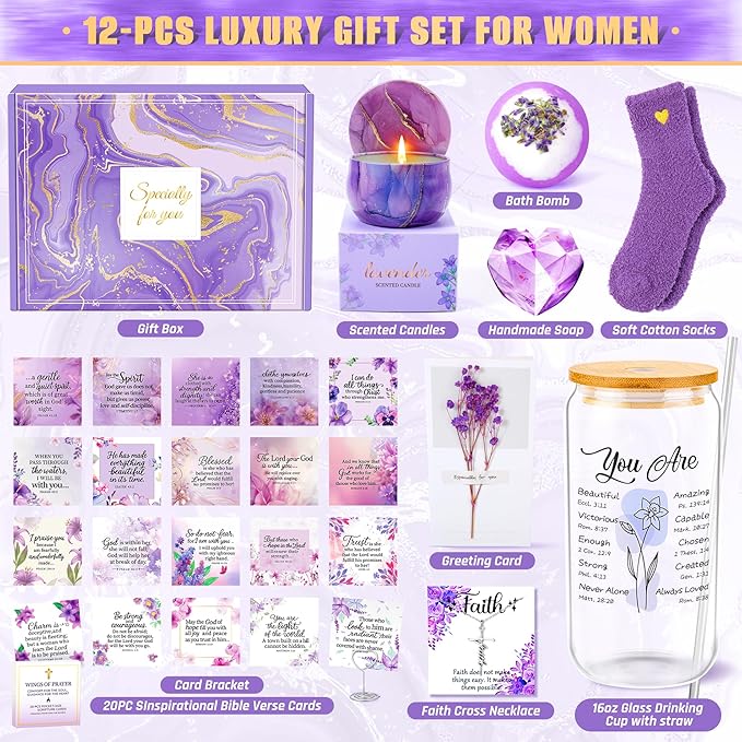 Valentine's Day Gift Christian Gifts For Women Faith - Inspirational Religious Birthday Gifts, Purple Spiritual Baptism Baskets For Mom, Grandma, Wife, Mothers, Friend, Sister,Catholic&Encouragement - Bloomnest