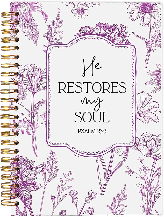 Christian Notebook for Women, Christian Art Gifts Journal, Prayer Journal for Women, Bible Journaling Notebook, PSALM 23:3 He Restores My Soul Floral Spiral Notebook 5.5x8.3 - Bloomnest