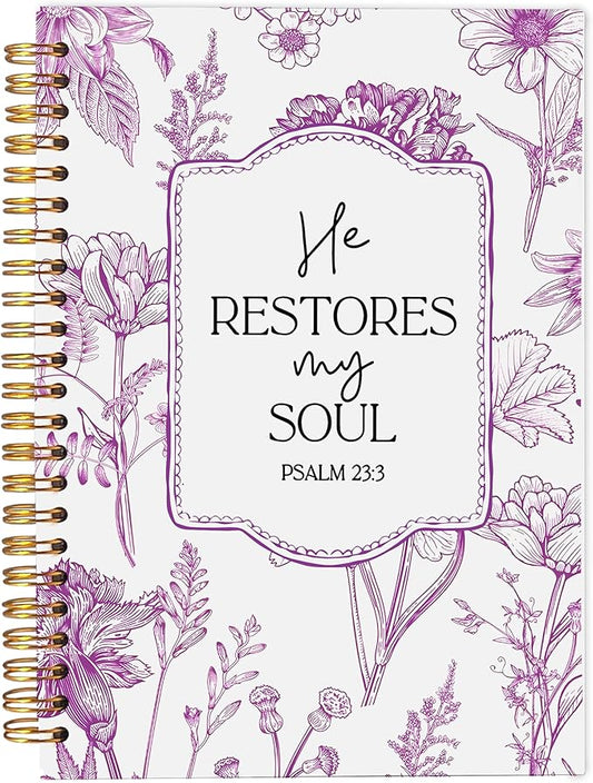 Christian Notebook for Women, Christian Art Gifts Journal, Prayer Journal for Women, Bible Journaling Notebook, PSALM 23:3 He Restores My Soul Floral Spiral Notebook 5.5x8.3 - Bloomnest