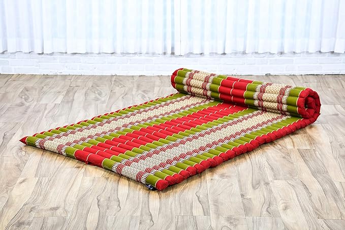 Leewadee - Kapok Roll Mat – Handcrafted Folding Sleep & Relaxation Mattress from Thailand, Ideal as Guest Bed, Camping Mat, Yoga Mat or Traditional Futon, 75 x 39 inches, Green Red - Bloomnest