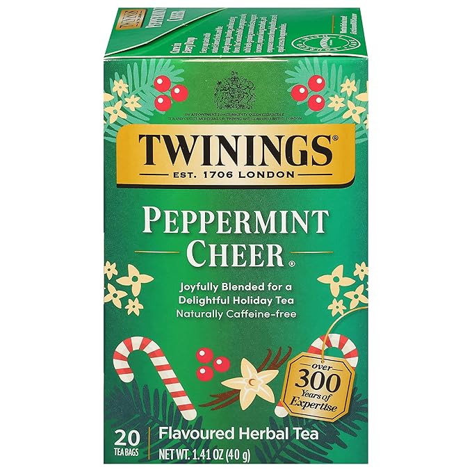 Twinings Peppermint Cheer Herbal Tea Individually Wrapped Bags, 20 Count (Pack of 1), Peppermint & Vanilla, Naturally Caffeine-Free, Enjoy Hot or Iced, 20 Teabags - Bloomnest