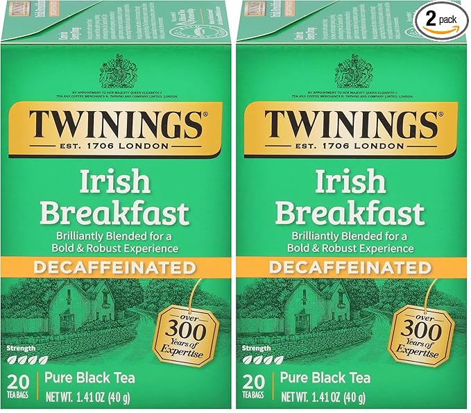 Twinings Irish Breakfast Tea, Decaf Tea Bags, Strong and Distinctive Black Decaffeinated Tea, 20 Individually Wrapped Tea Bags (Pack of 2) - Bloomnest