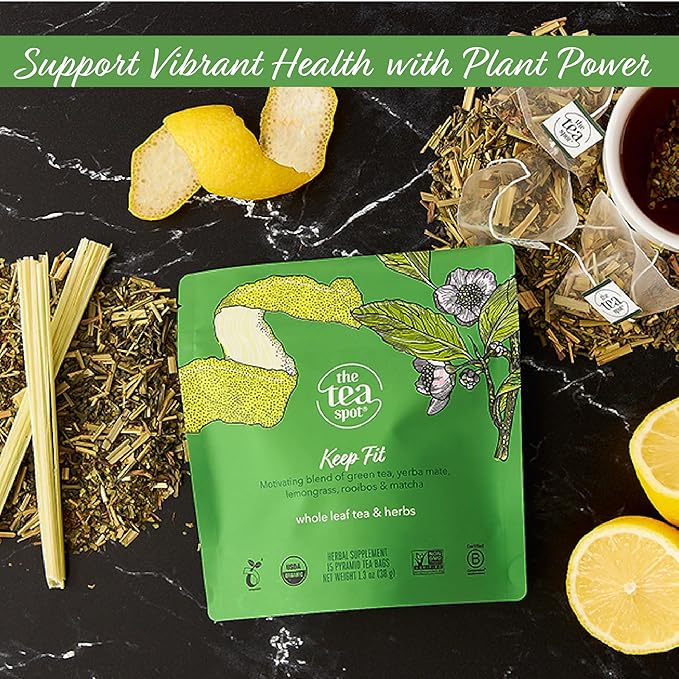 The Tea Spot Organic Keep Fit Green Tea with Yerba Mate and Matcha for Metabolic Support | Blend of Green Tea, Matcha, Yerba Mate, Rooibos, Lemongrass and Lemon Flavor | Caffeine-Free 15 Tea Bags - Bloomnest