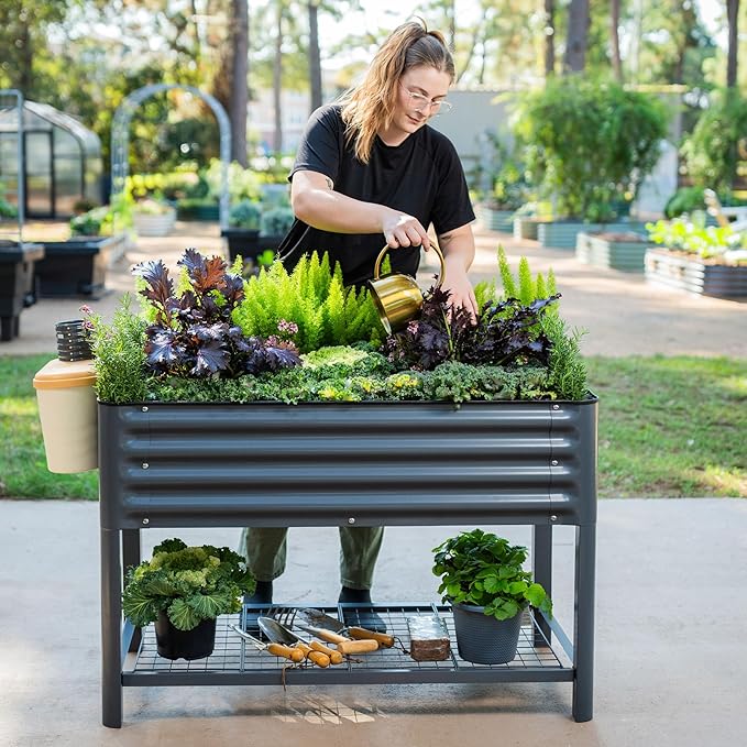 Elevated Raised Garden Bed-V Series, 2' x 4' Garden Beds with Legs & Storage Rack for Patio Porch, 700 Lbs Weight Capacity, Outdoor Planter Boxes for Gardening Herbs Vegetables Flowers, Modern Gray - Bloomnest