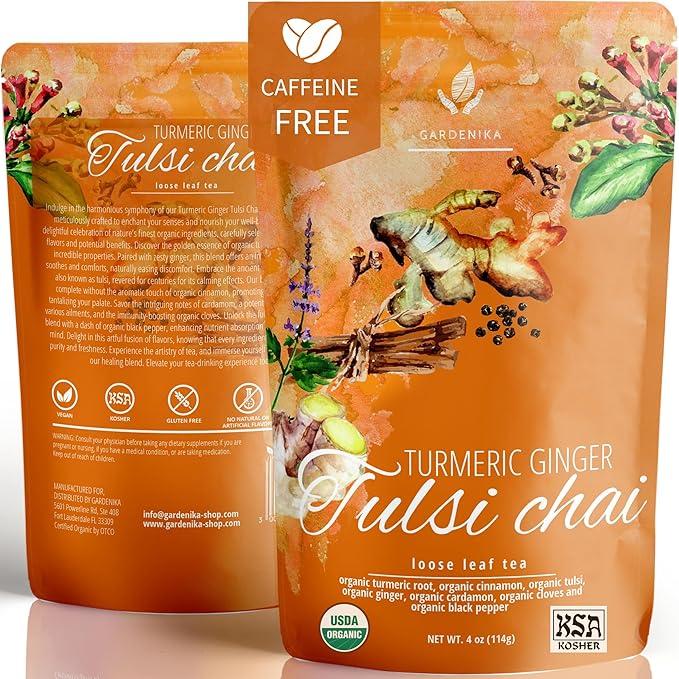 Organic Turmeric Ginger Tulsi Chai Tea | Loose Leaf | Ayurvedic Superfood Blend | Herbal and Caffeine-Free | 55+ Cups | KSA Kosher | 4 oz - Bloomnest