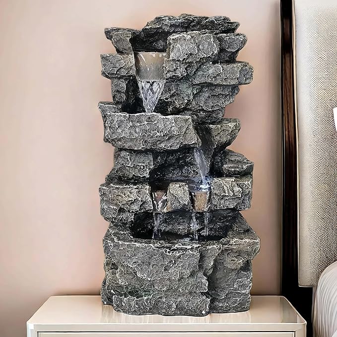 Tabletop Rock Waterfall Fountain with Led Lights - Indoor Decorative Desk Water Fountain, Multi-Tier Design, Quiet and Soothing, 6.29" l x 4.33" w x 11.02" h