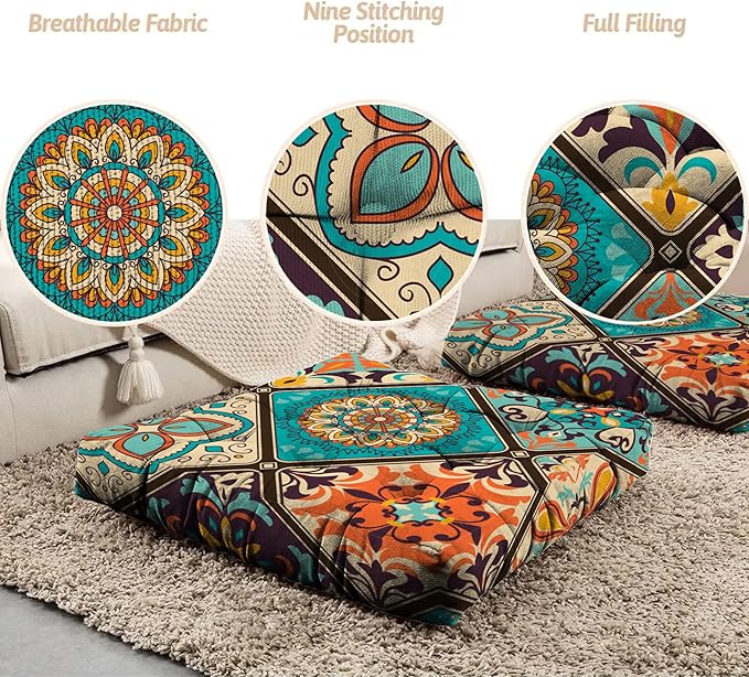 Mandala Meditation Cushion, Boho Meditation Mat, Meditation Pillows for Sitting on Floor, Cushions for Sitting in Home and Outdoor, Square Floor Pillows Cushion Seating for Yoga 22'' X 22'' - Bloomnest