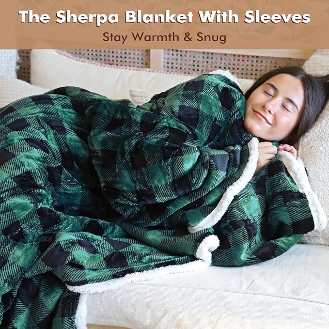Tirrinia Sherpa Wearable Blanket With Sleeves, Full Body Throw Reading Wrap TV Blankets - Bloomnest