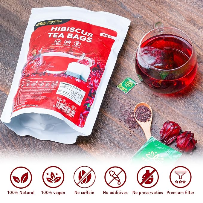 Indochine Blends Hibiscus Tea Bags | 100% Pure Hibiscus Flower | Sugar-Free, Caffeine-Free Herbal Tea | Double Chamber, Individually Wrapped Bags| Rich in Natural Goodness and Flavor | 3.5 oz | 50 Tea Bags - Bloomnest