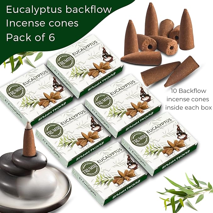Eucalyptus Backflow Incense - 60 Cones, Six Packs of 10 - Waterfall Effect TRUMIRI