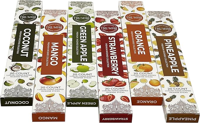 Fruity Incense Sticks Variety Pack - 120 Insence-Sticks (6 Incents x 20 Insense) - Coconut Orange Pineapple Mango Strawberry Apple - Natural Inscents-Sticks Non Toxic Inciensos + Stick Incense Holder - Bloomnest