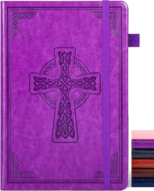 CAGIE Leather Lined Journal Notebook for Men & Women, Debossed Cross, 320 Pages 100 GSM Thick Paper, A5 Hardcover Journaling Notebooks for Writing, 5.7'' X 8.3'' Diary, Purple - Bloomnest