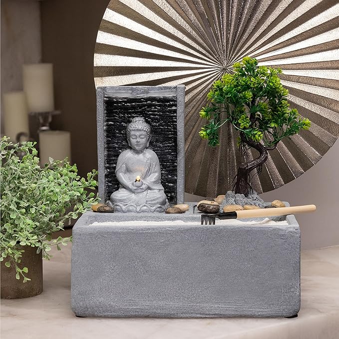 Alpine Corporation DIG278 13" Indoor/Outdoor Tabletop Fountain with LED Lights, Buddha Bonsai Garden Water Feature for Home, Patio & Desk Décor, Gray - Bloomnest