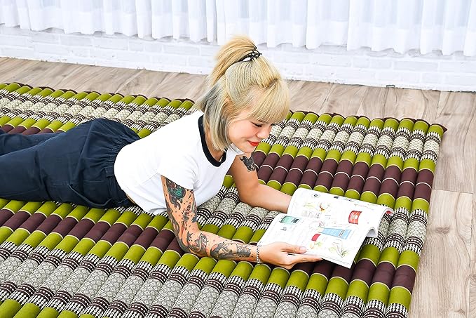 Leewadee - Foldable Floor Mattress - Japanese Roll Up Futon -Trifold Tatami Mat- Guest Floor Bed - Camping Mattress - Thai Massage Mat, Kapok Filled, 75 x 57 inches, Brown Green - Bloomnest