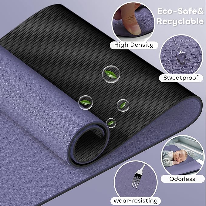 Non-slip TPE Yoga Mat for Women & Men,72"x24" Double-Sided Workout Mat for Home Gym Pilates Fitness,1/4 Inch Packable Lightweight Exercise Mat with Strap for Travel,Non Toxic Exercise Floor Mat - Bloomnest