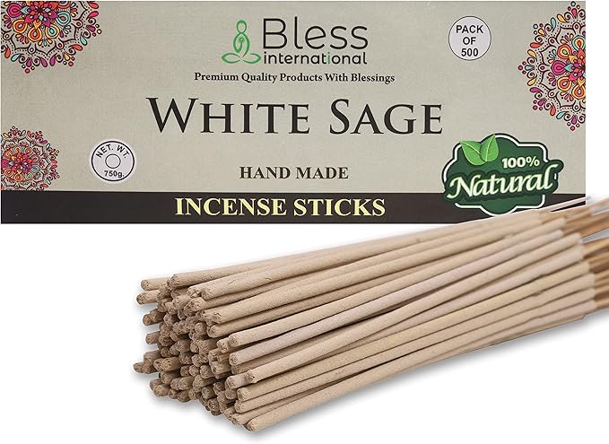 Bless-White-Sage 100%-Natural-Handmade-Hand-Dipped-Incense-Sticks Organic-Chemicals-Charcoal-Free Purification-Relaxation-Positivity-Yoga-Meditation Best-Woods-Scent (500 Sticks (26 OZ)) BlessInternational