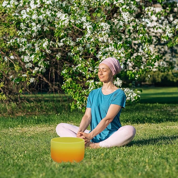 TOPFUND Orange Yellow E Note Crystal Singing Bowl Solar Plexus Chakra 10 inch with Heavy Duty Carrying Case and Suede Mallet