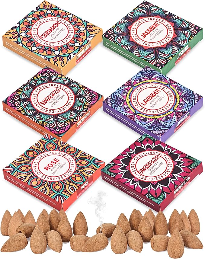 Backflow Incense Cones - Set of 6 Natural Scents - Sandalwood, Lavender, Jasmine, Cinnamon, Rose, Dragons Blood for Purification, Relaxation, Yoga, Meditation Pavocristatus