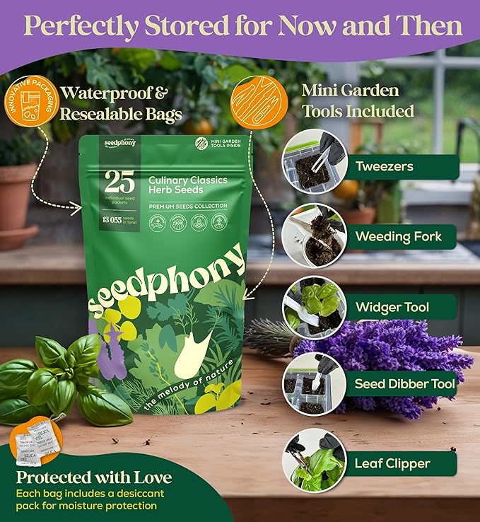 25 Culinary Herb Seeds Variety Pack - 13,055+ Non-GMO Heirloom Herbs Seeds for Planting Indoor & Outdoor: Rosemary, Basil, Catnip, Cilantro, Dill, Parsley, Oregano, Thyme, Mint, Tarragon, Lavender - Bloomnest