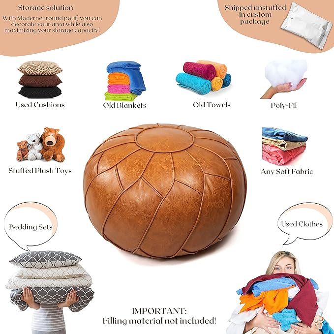 Moderner Faux Leather Pouf Unstuffed Ottoman Moroccan Footstool, Floor Footrest Cushion, Storage Solution - Natural Brown Color - Bloomnest