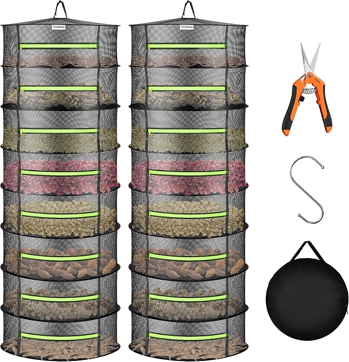 VIVOSUN 2-Pack 8-Layer Mesh Drying Rack Hanging Design with Green Zippers for Dehydrating, Indoor and Outdoor (Pruning Shears Included) - Bloomnest