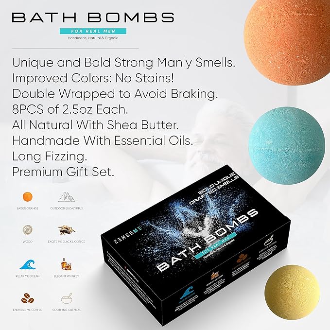 Bath Bombs for Men - Gift Set of 8 Scented Organic Handmade Bath Bombs of 2.5 oz with Natural Essential Oils, Unique Strong Manly Scents, for Boyfriend, Husband, Father or Friend, by ZenseMe - Bloomnest