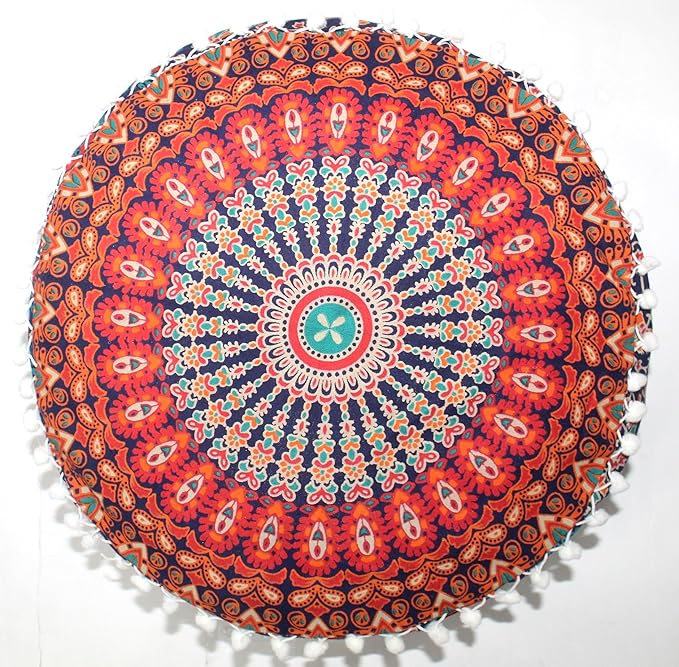 INDIAN CRAFT CASTLE ICC Mandala Barmeri Large Floor Pillow Cover Cushion Meditation Seating Ottoman Throw Cover Hippie Decorative Zipped Bohemian Pouf Ottoman Cases Orange Peacock 18" Round - Bloomnest