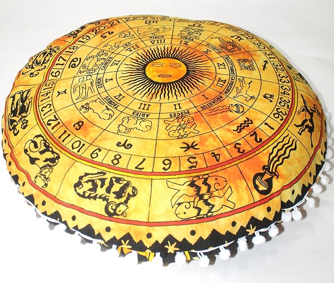 CRAFT KALA 32" Round Large Round Bohemian Floor Pillow Pouf Cover Mandala Meditation Room Pillow Cover for Adults Boho Seating Poufs Cushion Cover for Kids Playroom Yellow Zodiac - Bloomnest