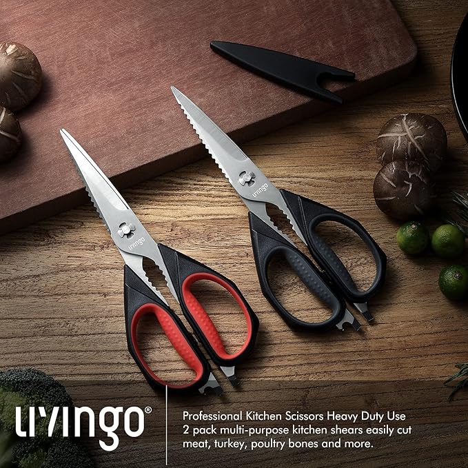 LIVINGO Kitchen Scissors, 2 Pack 9.25" Utility All Purpose Poultry Shears Heavy Duty Dishwasher Safe, Come Apart Sharp Stainless Steel Cooking Food Scissors for Cutting Meat, Chicken, Vegetable, Fish - Bloomnest