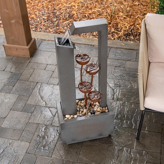 XBrand Freestanding Sculptural Metal Multi-Tiered Flower Water Fountain, No LED Lights, Gray and Bronze, 38" Tall