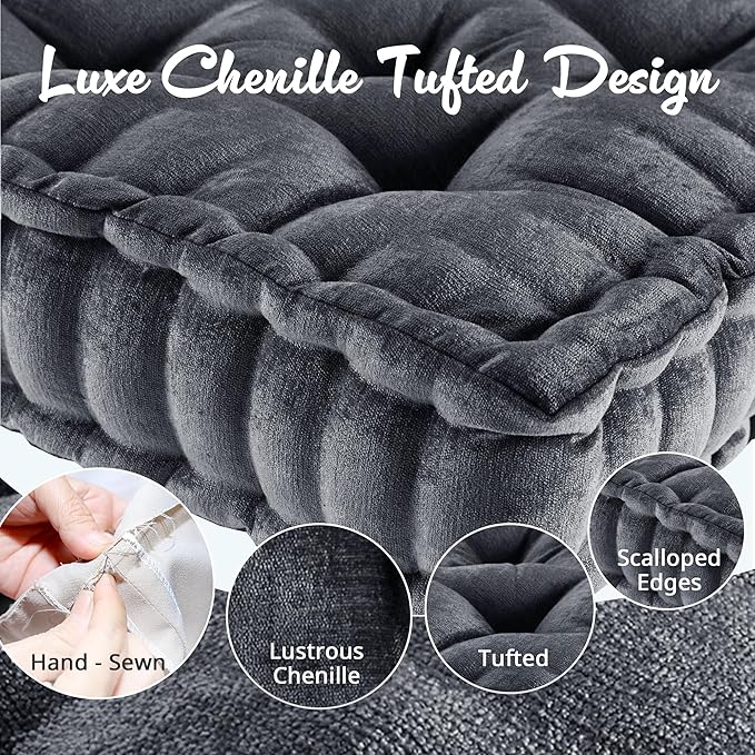 Intelligent Design Azza Floor Pillow, Large Cushions Sitting for Adults, Floor Pillow for Meditation or Yoga, Lustrous Chenille Tufted with Scalloped Edges for Bench/Chair Cushion, 20"x20"x5" Charcoal