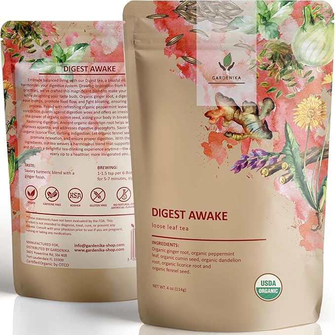 Gardenika Organic Digestive Loose Leaf Tea, Stomach Ease Herbal Caffeine-Free Leaves, Ayurvedic Blend with Dandelion Root, Ginger, Peppermint, Licorice – 4 oz - Bloomnest