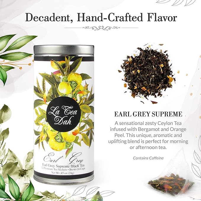 Earl Grey Tea by La Tea Dah, Zesty Gourmet Tea Made with Whole Ceylon Tea Leaves, Bergamot, & Orange Peel, Blended in the USA and Packaged for Gifting, Caffeinated (12 Sachets)