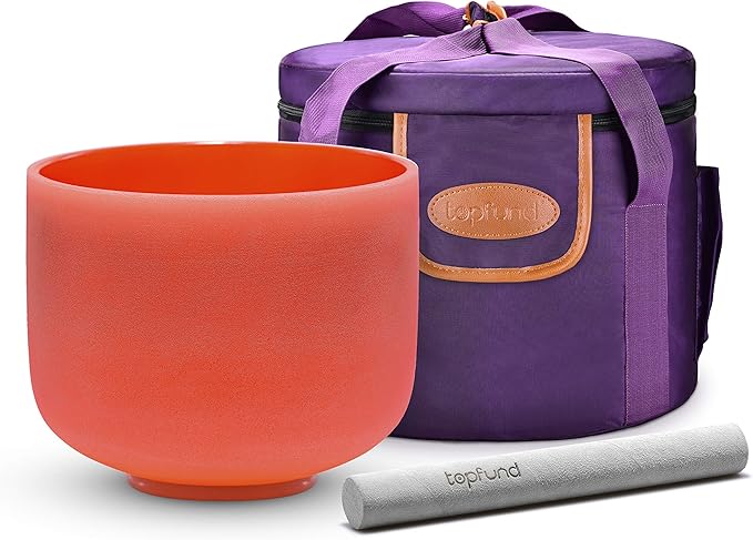 TOPFUND Orange D# Note Crystal Singing Bowl Navel Chakra 10 inch with Heavy Duty Carrying Case and Suede Mallet