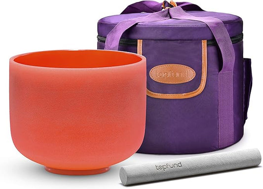 TOPFUND Orange D# Note Crystal Singing Bowl Navel Chakra 10 inch with Heavy Duty Carrying Case and Suede Mallet