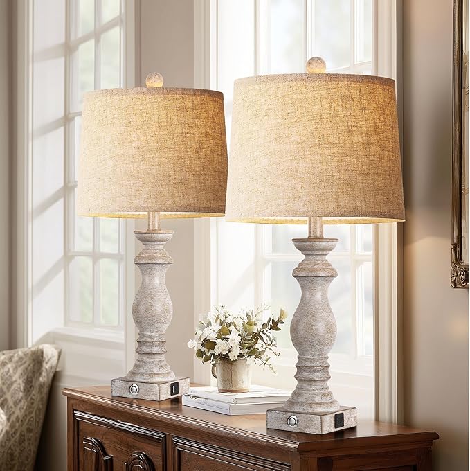 24.5" Table Lamp Set of 2, Rustic Farmhouse Bedside Lamps with USB A+C Charging Ports, 3-Way Dimmable Touch Control Nightstand Lamps for Living Room Bedroom, Antique Grey White, LED Bulbs Included - Bloomnest