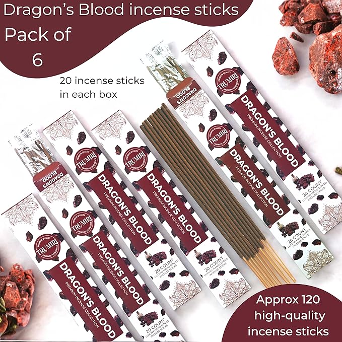 Dragons Blood Incense Sticks for Protection - Total 120 Insence-Sticks - 6 Packs of 20 Insense - Inciensos - Inscents - Natural Non Toxic Ingredients - Incents - Incence - Inscense - Insents TRUMIRI