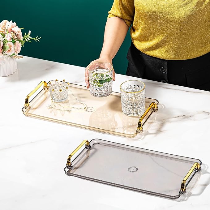 Acrylic Serving Tray with Handles Ottoman Countertop Decorative Tray Serving Tray Spill-Proof Tray for Coffee Table Living Room Bedroom16 x 9 x 0.8 inches (Amber) - Bloomnest