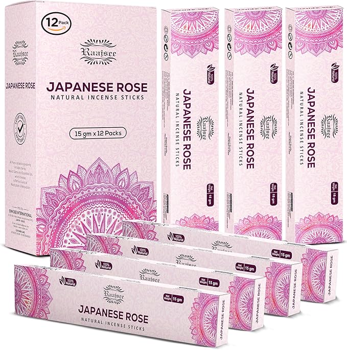Raajsee Japanese Rose Incense Sticks (180 gm), 100% Pure Organic Natural Hand Rolled Free from Chemicals- Perfect for Aromatherapy, Cleansing, Meditation, and Church (Pack of 12) - Bloomnest