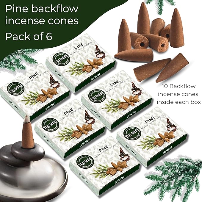 Pine Backflow Incense Cones - 60 Cones, Six Packs of 10, Waterfall Effect TRUMIRI