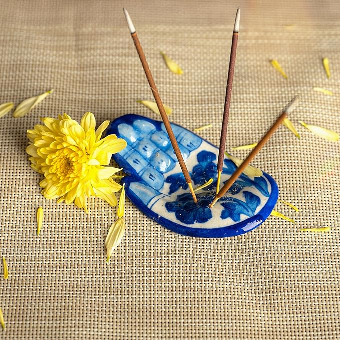 Blue Pottery Agarbatti Stand Ceramic Humsa Hand Handicrafted HandShape Design Incense Holder Decorative Accessory for Home Office and Gifting (White and Blue Design-1) - Bloomnest