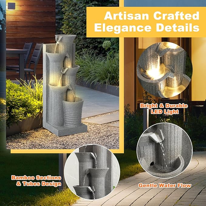 MAGIC UNION Outdoor Water Fountain, 5 Tiers Cascading Waterfall Indoor Water Feature Garden Decor with LED Lights, Patio Resin Fountains for Yard, Deck, Porch and Home, Bamboo Element (Light Gray) - Bloomnest
