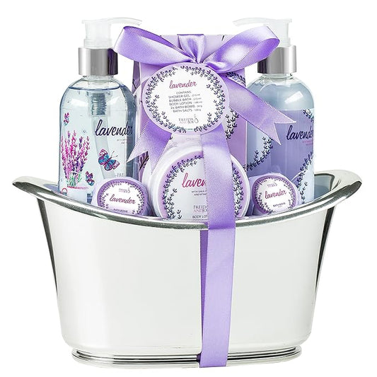 Aromatherapy Essentials Valentines Spa Set for Women in Large Silver Tub Bath Set Includes 2 Bath Bombs, Body Lotion, Bath Salts, Shower Gel, and Bubble Bath (Lavender)
